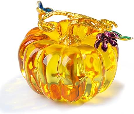 Hand Blown Glass Pumpkin, K9 Crystal Collectible Figurine for Fall Autumn Harvest Table Decor, Amber Pumpkin Ornament for Halloween Decorations (2.6X 2.2 inches)