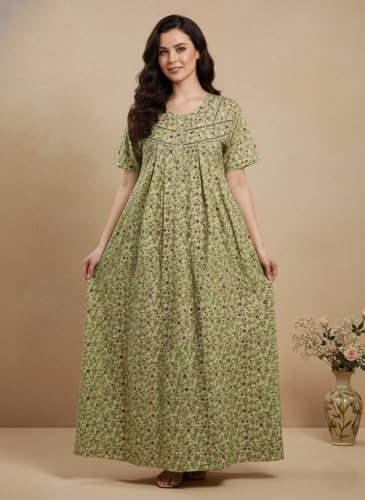 Image of Bahumaan Cotton Nighty for Women Full Length Stylish | Floral Print Pure Cotton Maxi Dress for Women with Pocket | Sleepwear Gown for Women