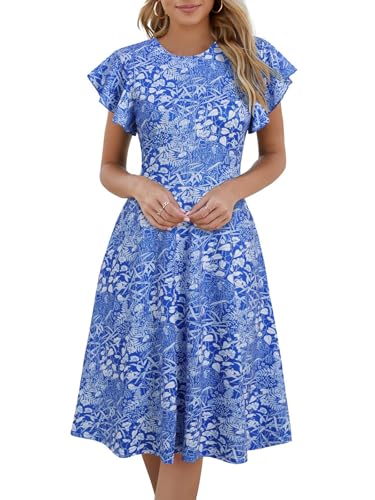 Image of MSLG Women's Fit and Flare Ruffle Short Sleeves Dresses Work V-Back Cocktail Semi Formal A Line Dress with Pockets 842