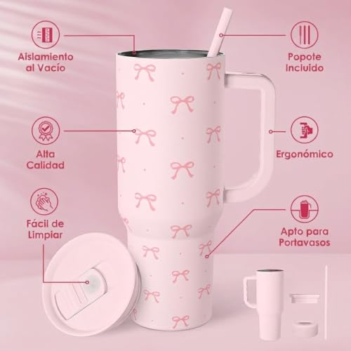 Image of SANDJEST Gift for Women Girls - Coquette Bow Stainless Steel Tumbler with Handle, Travel Coffee Mug - Gifts for Birthday Christmas, 40oz