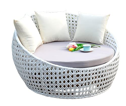Image of DEVOKO Outdoor Pool Side, Garden, Balcony, Porch, Backyard, Terrace, Patio, Beach Round Sofa Wicker And Rattan Unique Design Daybed Furniture Set (White And Off White), 139 Centimeters, 122 CM, 76 CM