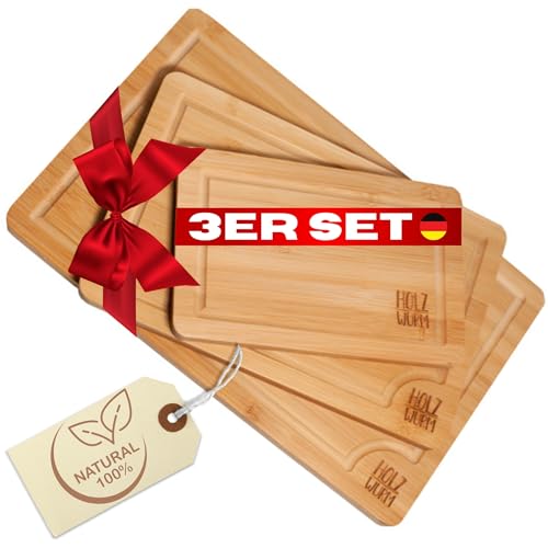 Holzwurm Schneidebrett Holz 3er Set - Holzschneidebrett mit tiefen Saftrillen- Frühstücksbrettchen Holz klingenschonend und einfach zu reinigen