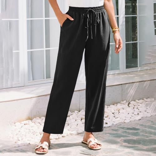 eoeioa Ankle Length Pants for Women Casual Elastic High Waisted Cropped Pants Summer Straight Leg Dress Pant with Pockets4