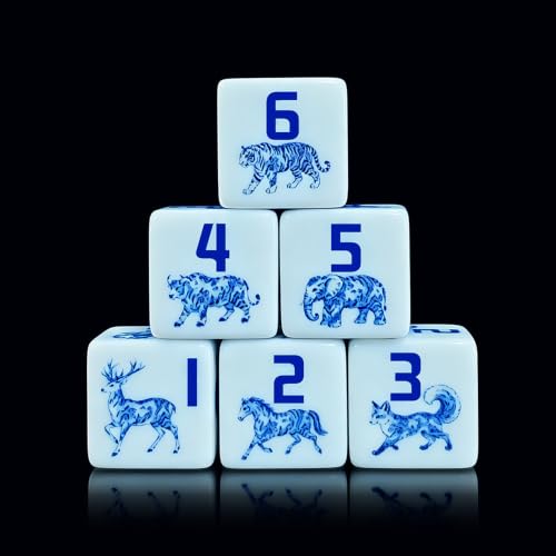 12PCS 16mm White Acrylic Printed D6 Dice Set, Blue and White Porcelain Wild Animal Pattern Six-Sided Dice, Deer Horse Tiger Elephant Fox Bull Graphic Dice for DND RPG Tabletop Game Gaming Gift - Image 2