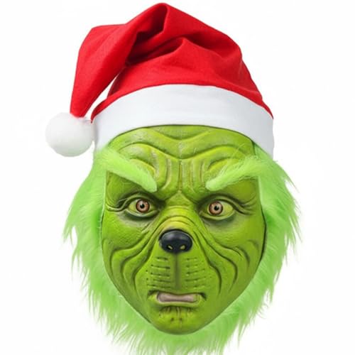 casapre Green Monster Christmas Mask and Gloves Set, Latex Holiday Costume Accessory, Adult Size, Classic Style with Santa Hat