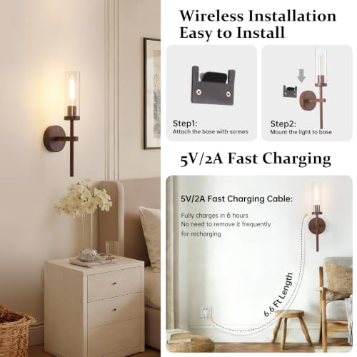 Image of Shenmoyl Battery Operated Wall Sconces Set of 2, Walnut Color Rechargeable Wall Lighting Fixtures, Dimmable Wall Lights with Remote & Clear Glass Shade for Living Room, Bathroom,Bedroom