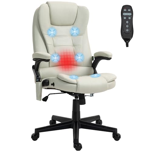 HOMCOM 6 Point Vibrating Massage Office Chair with Heat, Microfiber High Back Executive Office Chair with Reclining Backrest, Padded Armrests and Remote, Beige