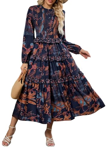 ZAFUL Womens Fall Floral Smocked Maxi Dress Long Puff Sleeve Bohemian Dresses Flowy Tiered Ruffle Wedding Guest Dress