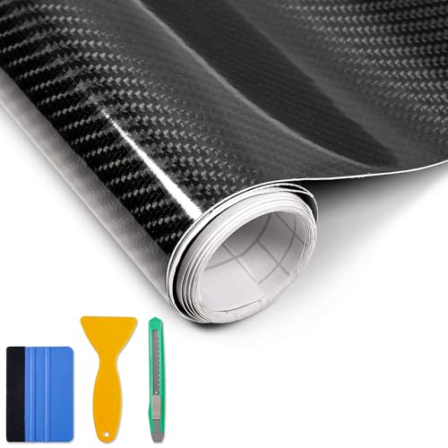 6D Carbon Fiber Vinyl Wrap Foneso Self Adhesive Film High Glossy Car Vinyl Roll Adapted to The Appearance and The Interior of Motorcycles Computers Cars (6D Black with Tool 30cm x 300cm)