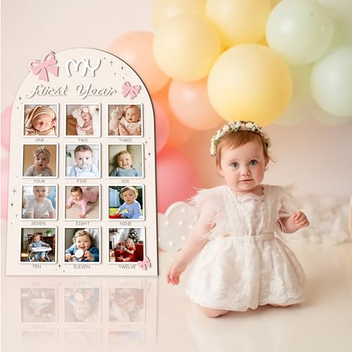 Aukolass Bow One Year of Photo Board, My First Year Photo Photo Board 12 Monthly Milestones Picture Frame for Baby Girl 1st Birthday Decorations (pink, 4" x 4") by Aukolass - Image 5