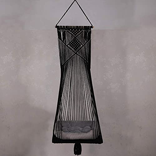 Doralus Cat Bed Cat Hammock Macrame Cat Swing Bed Cat Cage Cotton Rope Hanging Cat House Cats Toy Tassel Basket Tapestry (Black, Swing Bed+Cushion) #TOP2