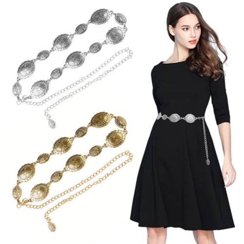 La Mejor Lista de Cinturones para Dama los 10 mejores. 45 QICHEN 2 Piezas Cadena de Cintura de Metal,Cinto Vaquero Mujer,Cinturón de Cadena para Dama, 125cm,Adecuado para Decorar Todo Tipo de Ropa (Gris 1+ oro 1)