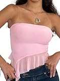 Remidoo Women's Ruffle Asymmetrical Hem Crop Tops Sexy Sheer Mesh Strapless Tube Top Pink Small