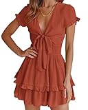 Picture of PRETTYGARDEN Women Summer Short Dress 2025 Casual V Neck Short Sleeve Tiered Bow Mini Sun Dresses Beach Vacation Sundress (Rust Red,Small)