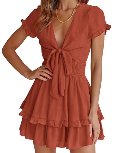 PRETTYGARDEN Women Summer Mini Short Dress 2025 Short Sleeve Casual Beach Vacation Sundress V Neck Tiered Sun Dresses