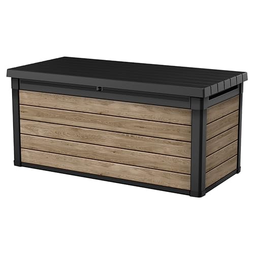 Keter Signature 570L Outdoor Storage Box – Ashwood Brown | Lockable Weatherproof Garden Deck Box & Bench | Wood-Effect Finish | Hydraulic Lid | Seats 2 Adults | Durable Resin Construction