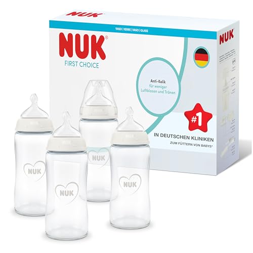 NUK First Choice Babyflaschen | 3+ Monate | 240 ml | Anti-Kolik-Babyflasche | Babyflaschen Glas | Temperature Control Anzeige | Regenbogen | 4 Stück