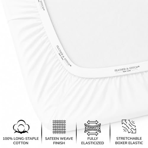 Image of Feather & Stitch 500 TC Split King Size Sheet Set, 5 piece Bed Sheets Set-2 Twin Fitted Sheet, 1 King Flat Sheet & 2 King Pillowcases, 18 inch Deep Pockets Sateen Weave Solid Bedsheet - (Solid White)
