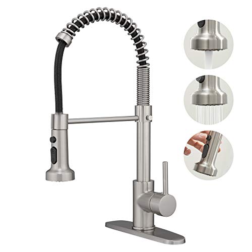 BESy Commercial Kitchen Faucet with Pull Down Sprayer, High-Arc Single Handle Single Lever Spring Rv Kitchen Sink Faucet with Pull Out Sprayer, 3 Function Laundry Faucet, Brushed Nickel