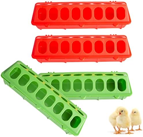 OUYOLAD 4 Plastic Flip Top Bird Small Poultry Feeder for Pigeon Chicken Feeders Quail Feeder Chick Feeder No Waste Bird Feeder Multihole Birds Feeding Dish Dispenser (2 Red, 2 Green)
