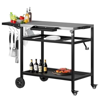 3-Shelf Grill Table for Outside with Removable Tray, Stainless Steel Grill Cart with Foldable Side Table, Movable Outdoor Prep Table, 33" L x 20" W