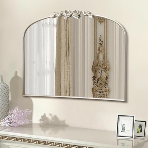 Image of Besdomus Vintage Arched Large Mirror: 36 inchx29 inch Silver Bow Decorative Mirror | French Baroque Metal Framed - Traditional Ornate for Entryway /Fireplace /Bathroom /Living Room - Ideal for Home Renovations