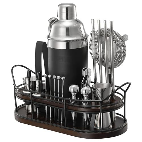 Happybuy 23 - Piece Cocktail Shaker Set: A Stainless Steel Masterpiece. This Martini Bartender kit, with its Bamboo Stand, Includes an extensive Collection of Tools Like Mixer Spoons, muddlers.