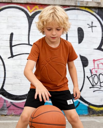 Image of Boys 2 Piece Outfits Short Sleeve Basketball Pattern T-Shirt and Shorts Summer Clothes for Kids 5-12 Years