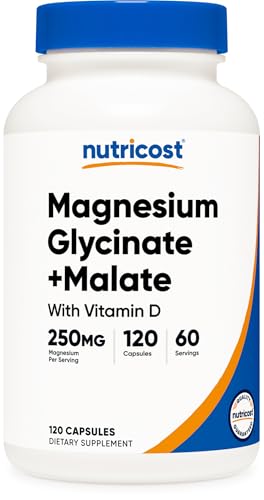 Nutricost Magnesium Glycinate + Malate (250mg) 120 Capsules - High Absorption, with Vitamin D, Vegan, Gluten-Free, GMO-Free, 60 Servings