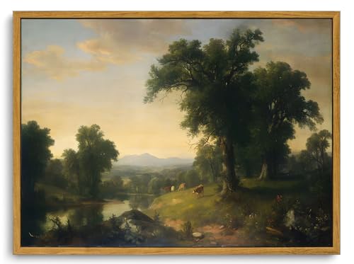 Image of KISSFOX Framed Vintage Landscape Wall Art Natural Scenery Canvas Prints Colorful Painting Artwork Rustic Farmhouse Pictures Decor Living Room Office Bedroom Bathroom Kitchen