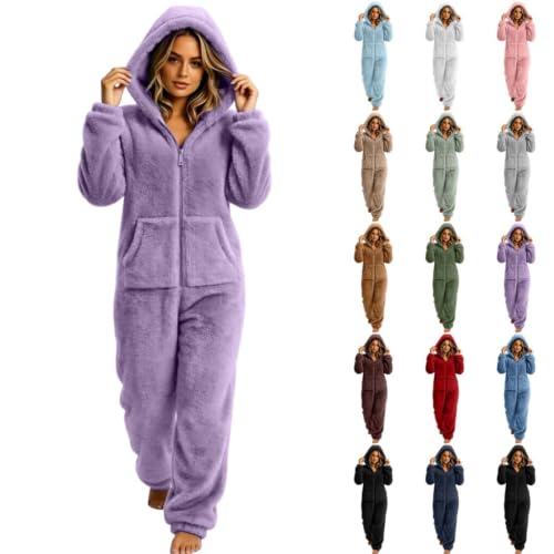 Long Sleeve Jumpsuit for Women Sherpa Lined Pajamas Zip Up Hooeded Romper - image 1