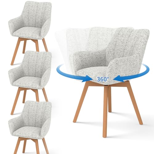 LONGTOO 360° Swivel Dining Chairs with Armrests Set of 4, Linen Fabric Dining Chair with Beech Legs, Upholstered Chair for Dining Room, Kitchen, Living Room, Bedroom, Hotel, Conference Room, Beige