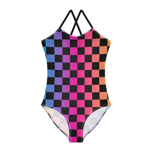 Black Rainbow Girls One Piece Swimsuits Squares Checkered Sport Halter Swimwear Beach Bathing Suit 5-6T