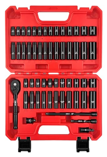 WETT 55-Piece 1/4' Drive Impact Socket Set, SAE/Metric, Deep/Shallow, Cr-V Steel, 6 Point, (5/32'-9/16', 4-15mm) Sockets with Ratchet Handle, Extension bar, Adapter and Universal Joint