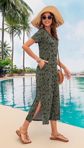 Image of MISFAY Womens Maxi Dress Short Sleeve V Neck Loose with Pockets | Soft stretchy breathable, v neck loose fit, side split hem, two side pockets, casual daily beach vacation travel dress