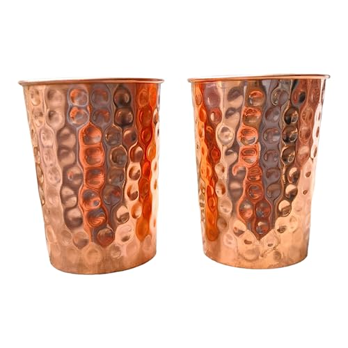 Image of Set of 2 Hammmered Pure Copper Cups For Drinking Water Glasses Tumblers Glass for Ayurveda Health Benefits