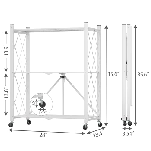 Image of 3 Tier Foldable Storage Shelf with Wheels Heavy Duty Garage Shelving | Unit Loads 550 LBS, Metal Steel Collapsible Shelves, Rolling Standing Utility Rack for Kitchen, Pantry, Office, White