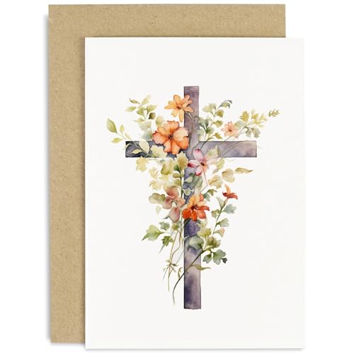 Old English Co. Watercolour Artwork of Religious Cross with flowers