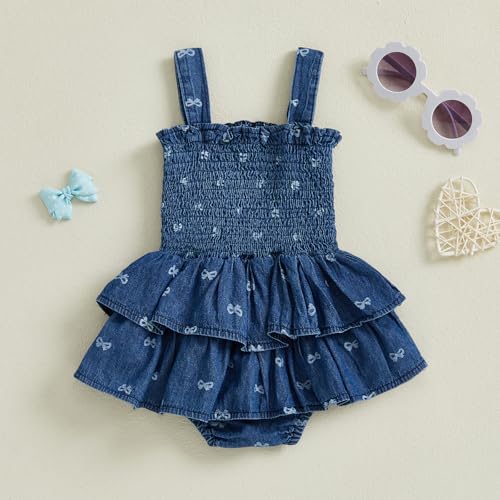 Baby Girls Denim Romper Dress Straps Sleeveless Bow Print Pleated Ruched Cake Smash Layered Skirt4