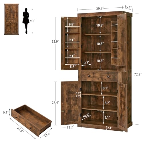 usikey-72-Kitchen-Pantry-Cabinet-Tall-Storage-Cabinet-with-4-Doors-and-1-Drawer-Freestanding-Cupboard-with-6-Hanging-Shelves-and-Adjustable-Shelves-for-Kitchen-Living-Room-Rustic-Brown usikey 72 Kitchen Pantry Cabinet Tall Storage Cabinet with 4 Doors and 1 Drawer Freestanding Cupboard with 6 Hanging Shelves and Adjustable Shelves for Kitchen Living Room Rustic Brown