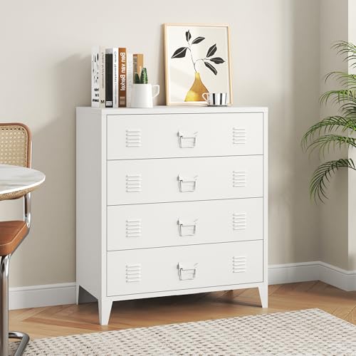 [en.casa] Commode Métallique avec 4 Tiroirs Casier de Bureau Caisson avec Compartiments Fermés Meuble de Rangement Industriel Acier 92 x 80 x 40 cm Blanc