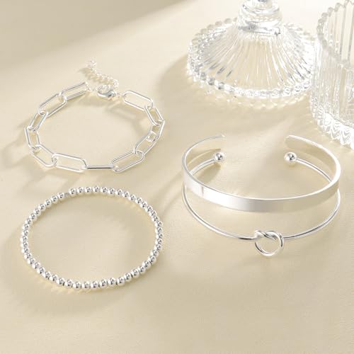 Reoxvo 4R-SILVER-6MMBANGLE Bracelets For Women Stack Non Tarnish Sterling Silver Plated Charm Bangle Cuff Bracelet Set Jewelry thumb #1
