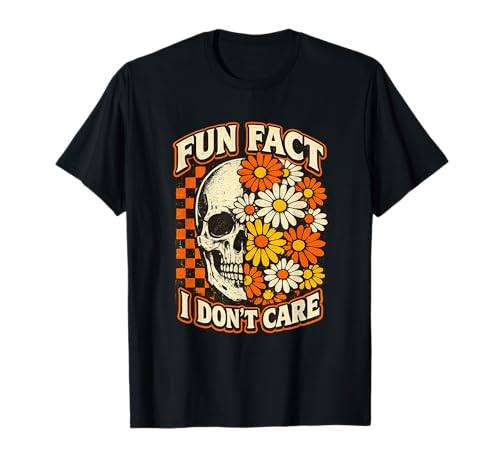 Fun Fact I Don't Care Skull Floral Graphic T-Shirt