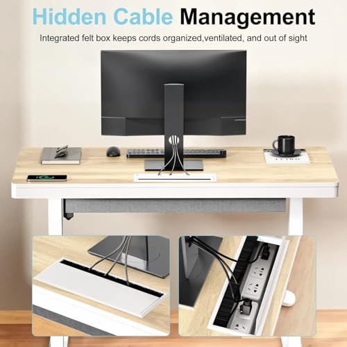 Image of H25 Electric Height Adjustable Desk with Wireless Charging, USB & Type-C Ports,Child Safety Lock|Drawer|Sit-Stand Office Table, White,3-Year Warranty- Free Virtual Installation Guide