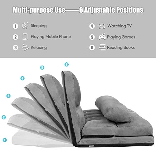 Giantex Adjustable Floor Sofa, Foldable Lazy Sofa Sleeper Bed 6-Position Adjustable, Suede Cloth Cover, Floor Gaming Sofa Couch With 2 Pillows For Bedroom/Living Room/Balcony (Gray) #TOP1