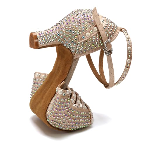Image of JUODVMP Women's Latin Dance Shoes Rhinestones Satin Ballroom Dancing Shoes Salsa Professional Dance Shoes