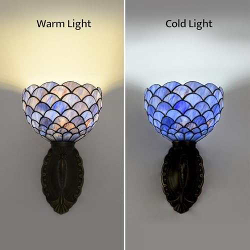 Image of Blue Purple Fish Scales Tiffany Wall Sconce 8 inch Stained Glass Wall Light with E26 Base Vintage Art Deco Wall Lamp for Bedroom Hallway Living Room Home Office (Blue Purple Fish Scales)