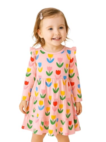 Image of Girl Long Sleeve Dress Ruffle Rainbow Color Block Cotton Casual Tiered Pleated Twirly Dress