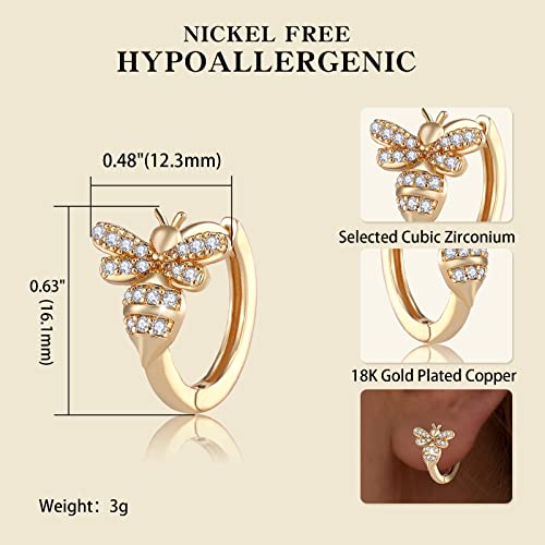 18K Gold Bee Earrings for Women, Hypoallergenic Stud with Cubic Zirconia, Hoop Earrings for Women, Gold/Silver Colors4