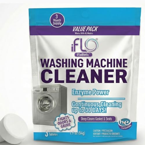 iFLO Washing Machine Cleaner Tablets – Powerful Washer Machine Cleaning and Deodorizer Tablets for Front Load, Top Load, and High-Efficiency Washer Cleaner, 3 Pack